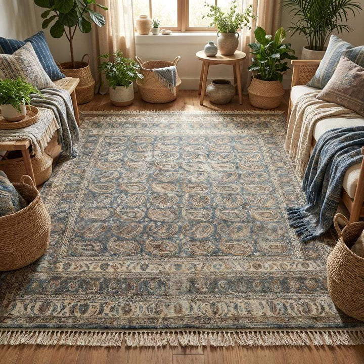 Translation missing: es.Authentic hand knotted wool rug styled in a classic living room interior
