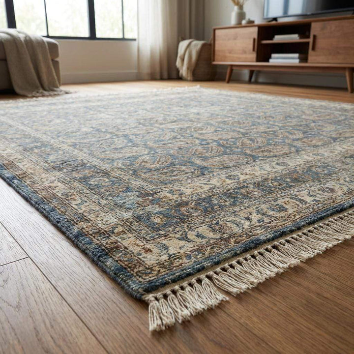 Translation missing: es.Hand Knotted Oushak Wool Area Rug, Blue Paisley Traditional Living Room Carpet