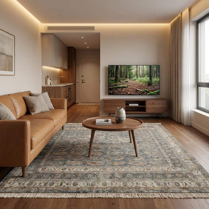 Translation missing: es.Oushak style hand knotted area rug with soft muted blue tones