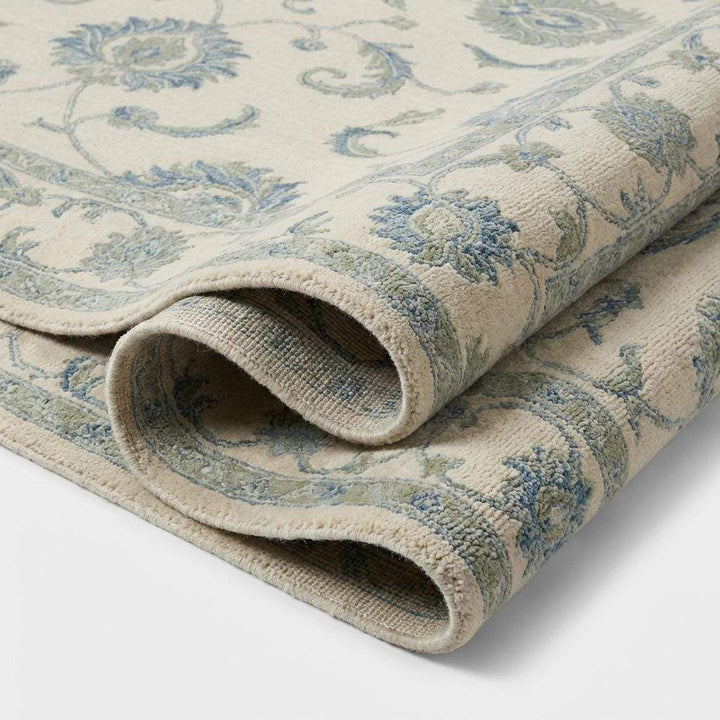 Translation missing: es.Hand Knotted Oushak Wool Area Rug, Ivory Blue Floral Living Room