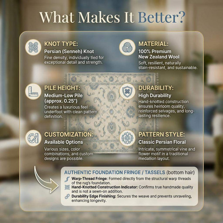 Translation missing: es.Hand Knotted Oushak Wool Area Rug, Ivory Blue Floral Living Room