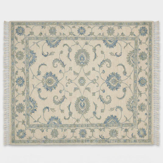 Translation missing: es.Ivory and blue hand knotted floral rug with traditional Oushak design and decorative border