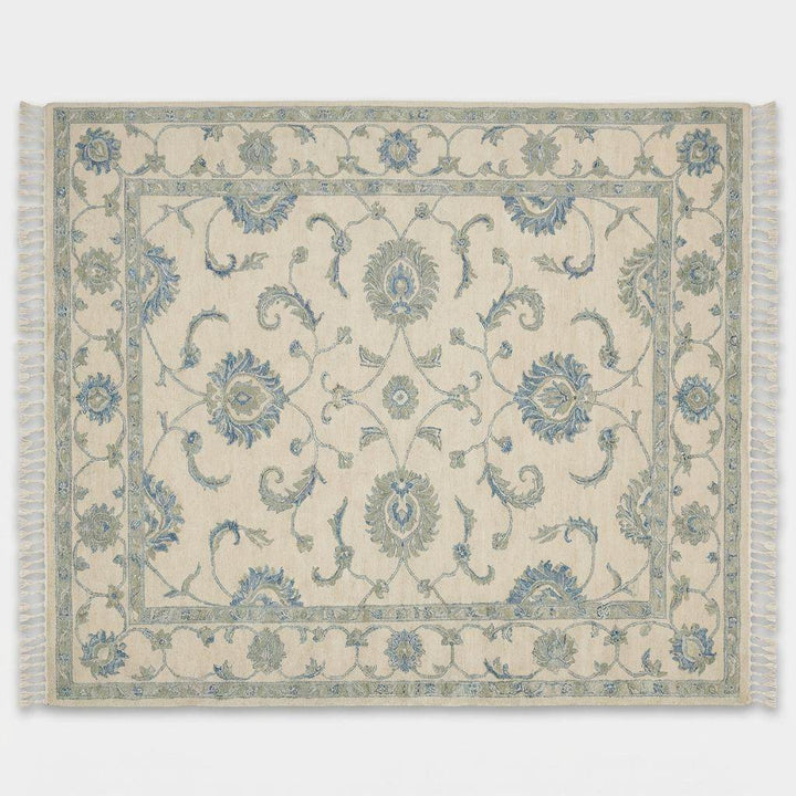 Translation missing: es.Ivory and blue hand knotted floral rug with traditional Oushak design and decorative border