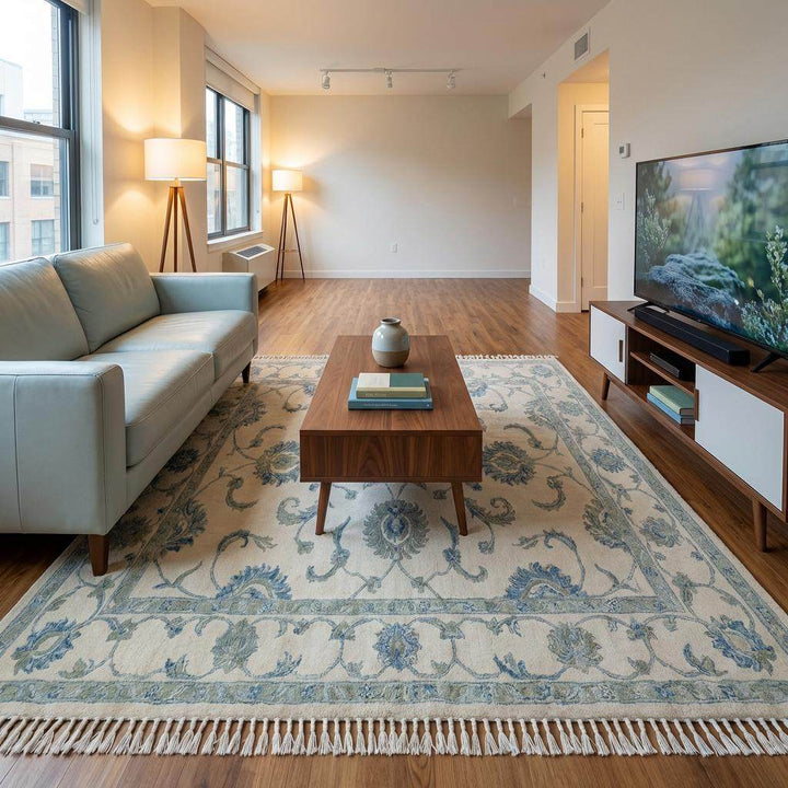 Translation missing: es.Traditional Oushak style hand knotted rug styled in bright modern living room interior