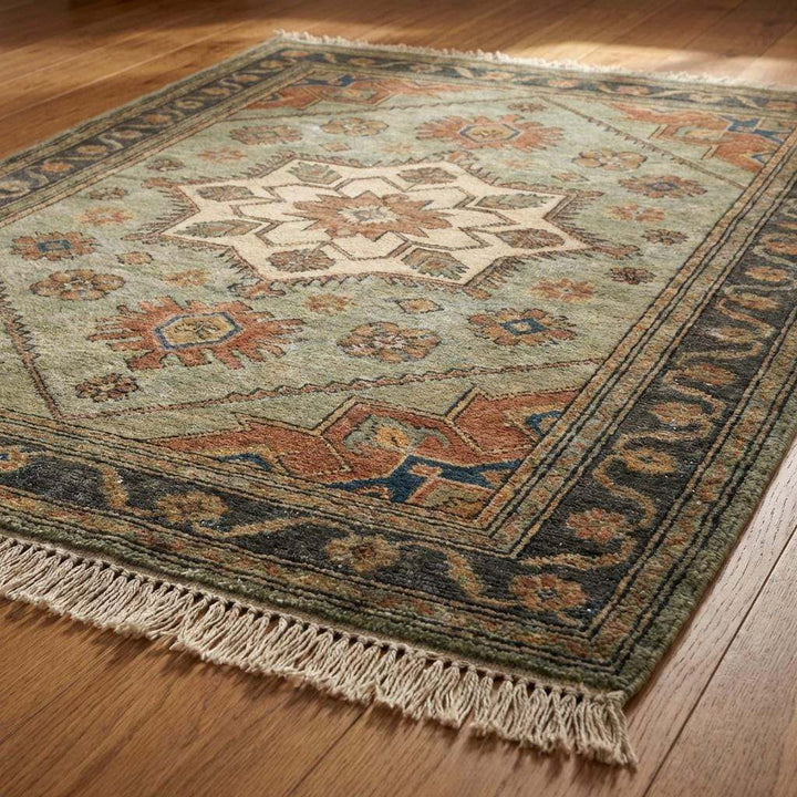 Translation missing: es.Hand Knotted Oushak Wool Area Rug Sage Green Geometric Medallion
