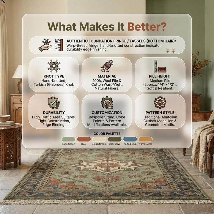 Translation missing: es.Hand Knotted Oushak Wool Area Rug Sage Green Geometric Medallion