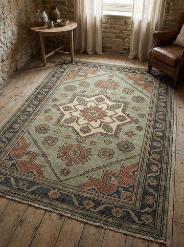 Translation missing: es.Hand knotted Oushak wool area rug with sage green geometric medallion design