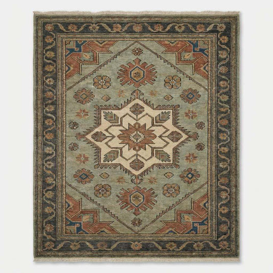 Translation missing: es.Traditional Oushak style hand knotted rug with terracotta and charcoal geometric accents