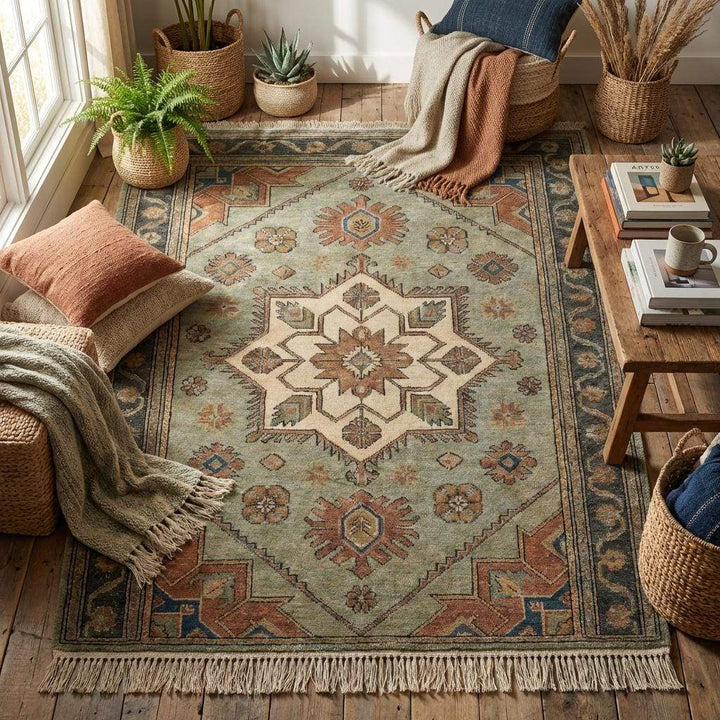 Translation missing: es.Sage green handmade wool area rug styled in rustic living room interior