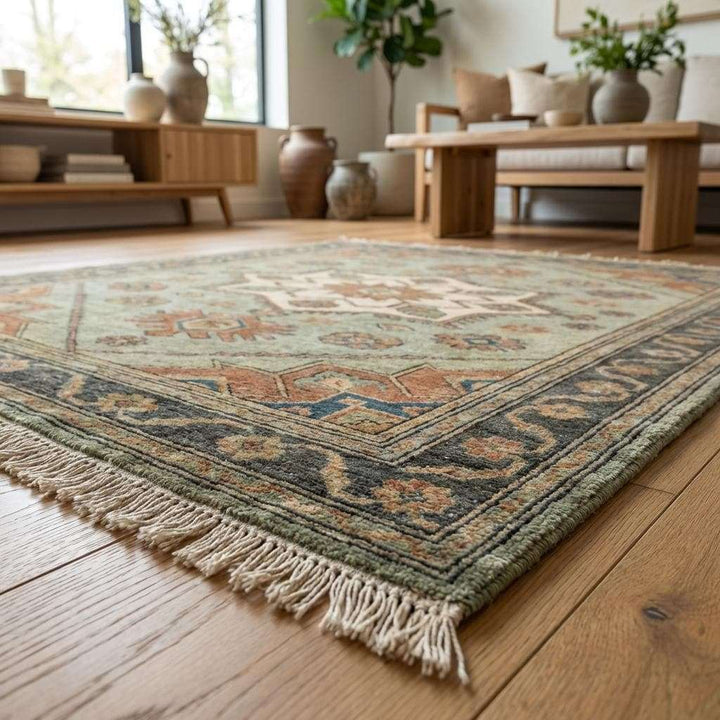 Translation missing: es.Artisan crafted geometric medallion rug woven using traditional hand knotting techniques