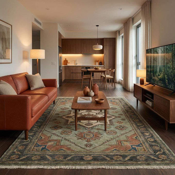 Translation missing: es.Hand knotted tribal wool rug featuring muted earth tones and classic Oushak pattern
