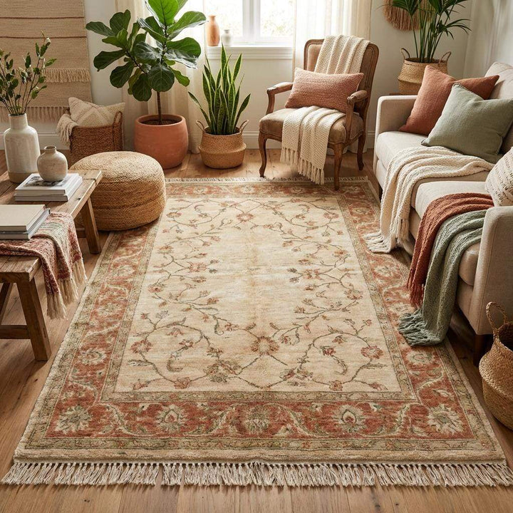 Translation missing: es.Neutral Oushak style wool rug with blush and sage floral pattern on wooden floor