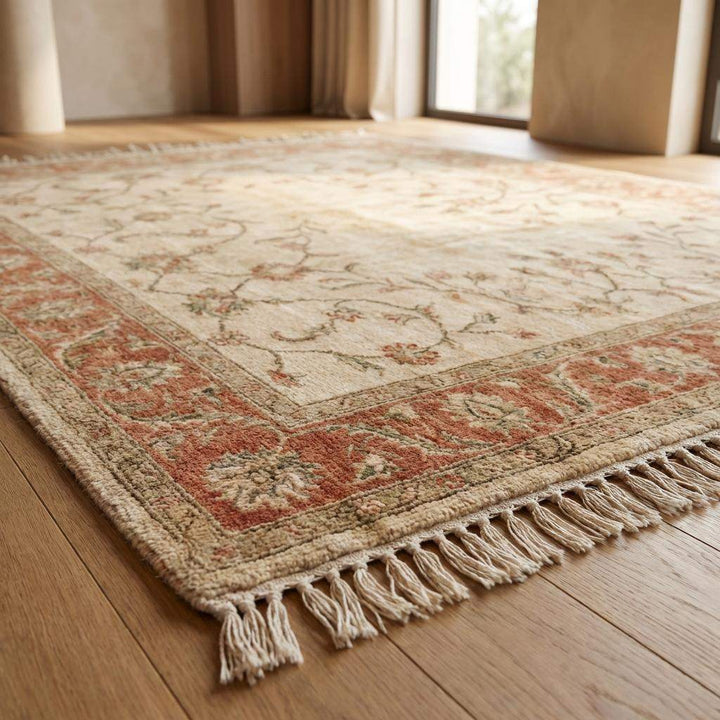 Translation missing: es.Hand Knotted Oushak Wool Area Rug, Soft Floral Neutral Living Room