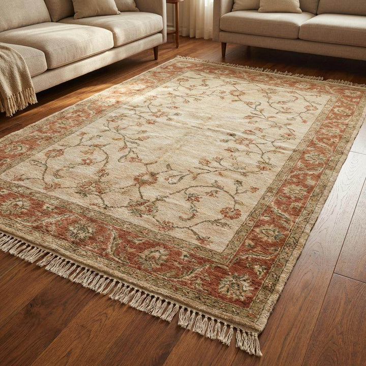 Translation missing: es.Traditional hand knotted floral area rug styled in warm minimalist interior