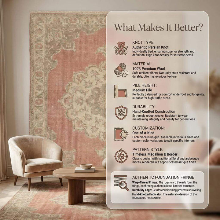 Translation missing: es.Hand Knotted Oushak Wool Area Rug With Faded Pink Medallion