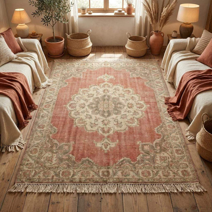 Translation missing: es.Hand knotted wool area rug styled on wooden floor with classic European farmhouse decor