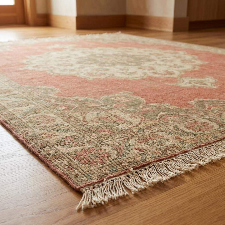 Translation missing: es.Artisan made wool rug with aged patina and muted pink color palette