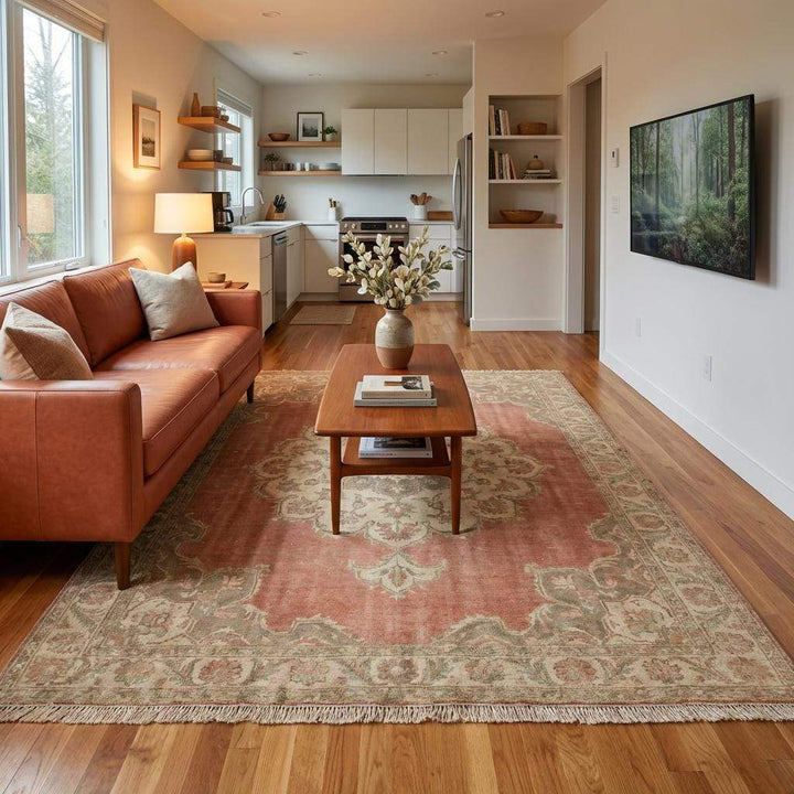 Translation missing: es.Hand Knotted Oushak Wool Area Rug With Faded Pink Medallion