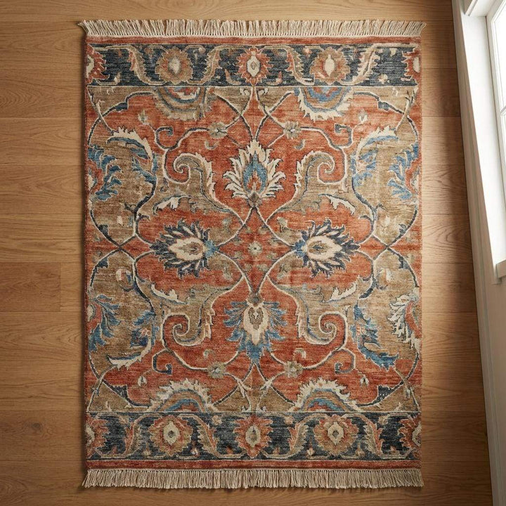 Translation missing: es.Hand Knotted Oushak Wool Area Rug with Floral Vintage Design