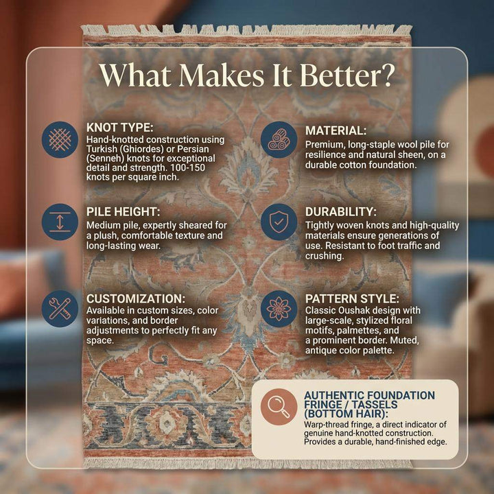 Translation missing: es.Hand Knotted Oushak Wool Area Rug with Floral Vintage Design