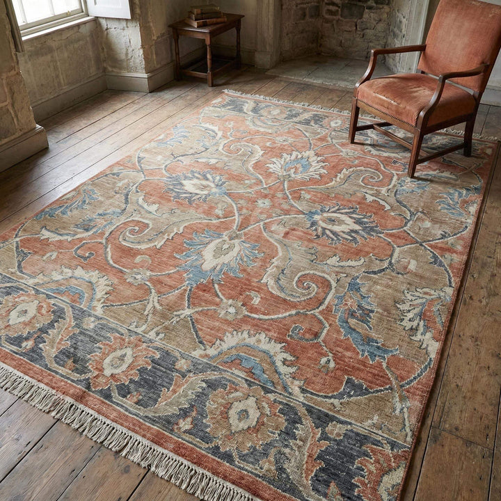 Translation missing: es.Hand knotted Oushak wool area rug with vintage floral design and warm terracotta tones