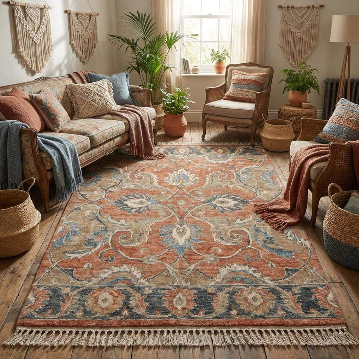 Translation missing: es.Artisan made wool area rug styled in rustic living room with wooden flooring