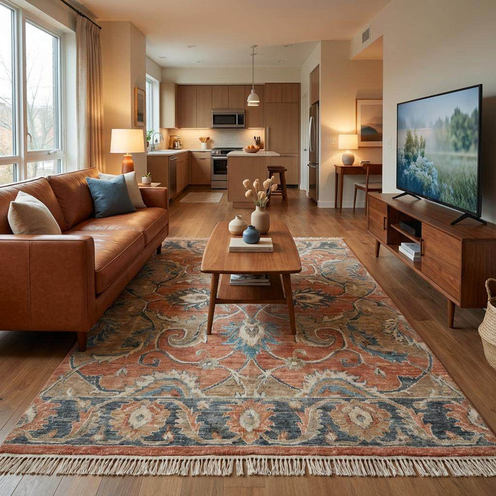 Translation missing: es.Hand Knotted Oushak Wool Area Rug with Floral Vintage Design