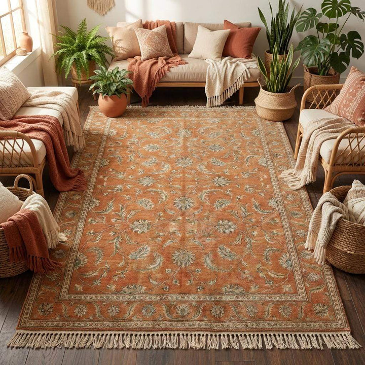 Translation missing: es.Artisan handmade wool rug in earth tones, featuring a burnt orange field with sage green accents, perfect for organic modern interior design