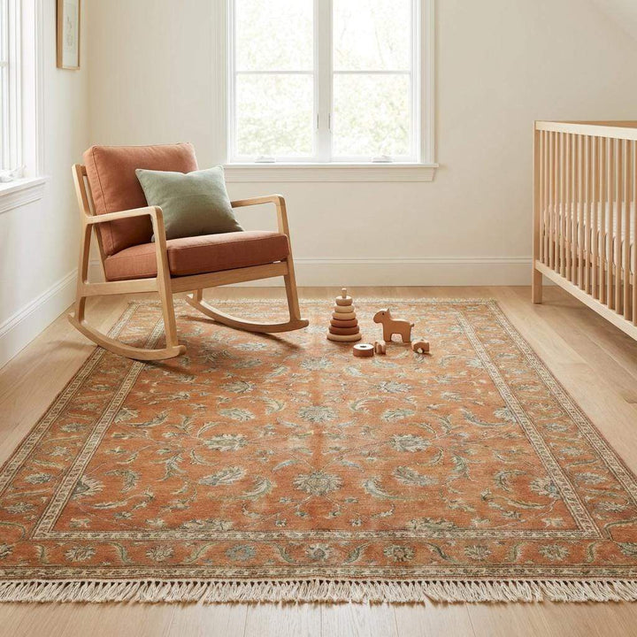 Translation missing: es.Hand Knotted Oushak Wool Rug - Terracotta Rust Floral Carpet