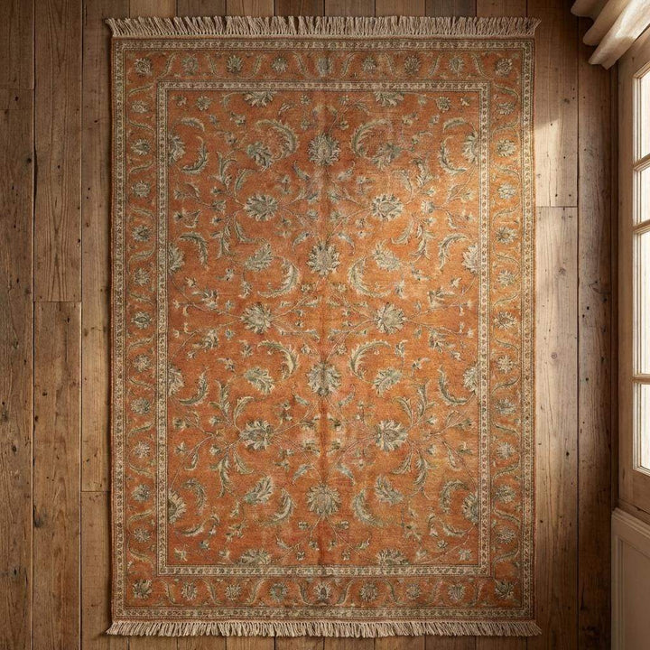 Translation missing: es.Hand Knotted Oushak Wool Rug - Terracotta Rust Floral Carpet