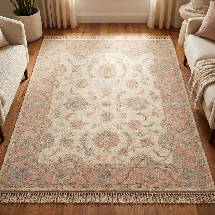 Translation missing: en.Hand Knotted Oushak Wool Rug, Floral Ivory Pink Living Room Carpet