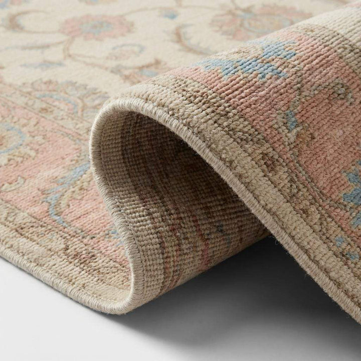 Translation missing: en.Hand Knotted Oushak Wool Rug, Floral Ivory Pink Living Room Carpet