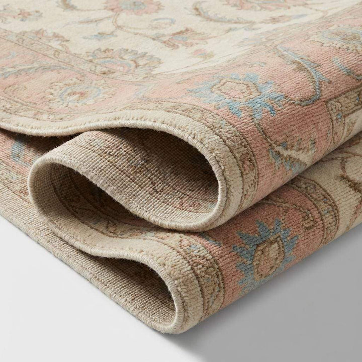 Translation missing: en.Hand Knotted Oushak Wool Rug, Floral Ivory Pink Living Room Carpet