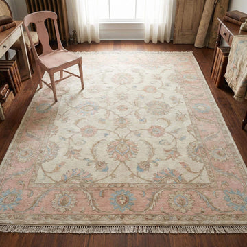 Translation missing: en.Hand knotted Oushak wool rug with ivory base and pink floral design for living room