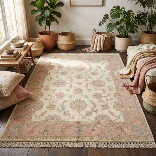 Translation missing: en.Handmade wool area rug styled in classic interior with wooden flooring and neutral décor