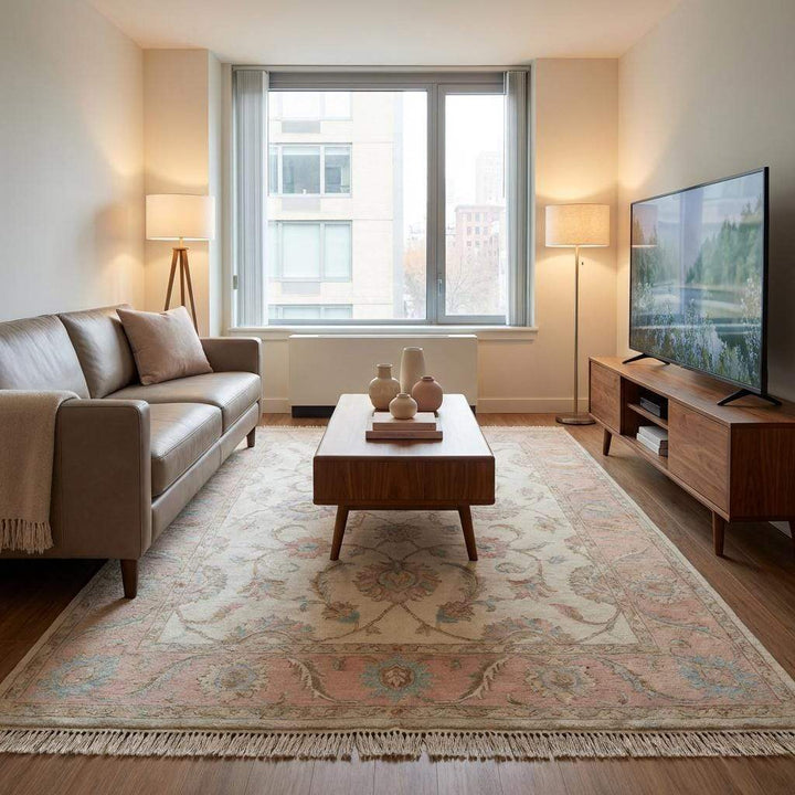 Translation missing: en.Hand Knotted Oushak Wool Rug, Floral Ivory Pink Living Room Carpet