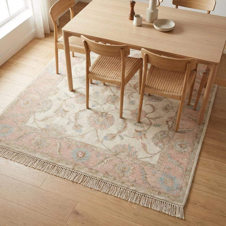 Translation missing: en.Hand Knotted Oushak Wool Rug, Floral Ivory Pink Living Room Carpet
