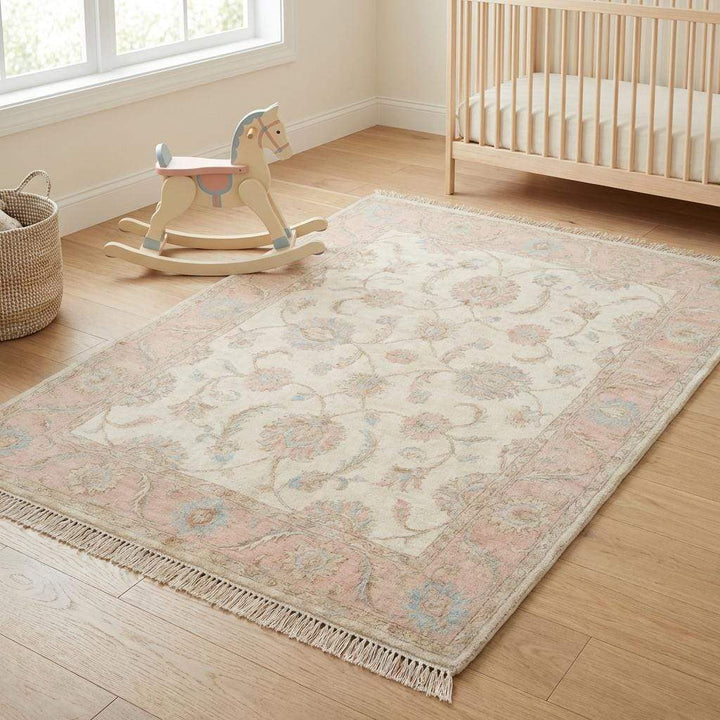 Translation missing: en.Artisan hand knotted Oushak rug showcasing antique-inspired pattern and natural wool finish