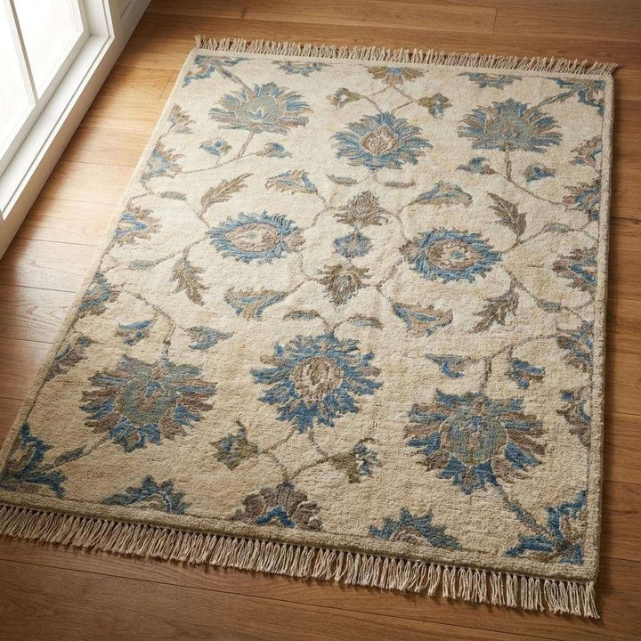 Translation missing: es.Hand Knotted Oushak Wool Rug, Floral Neutral Living Room Area Carpet