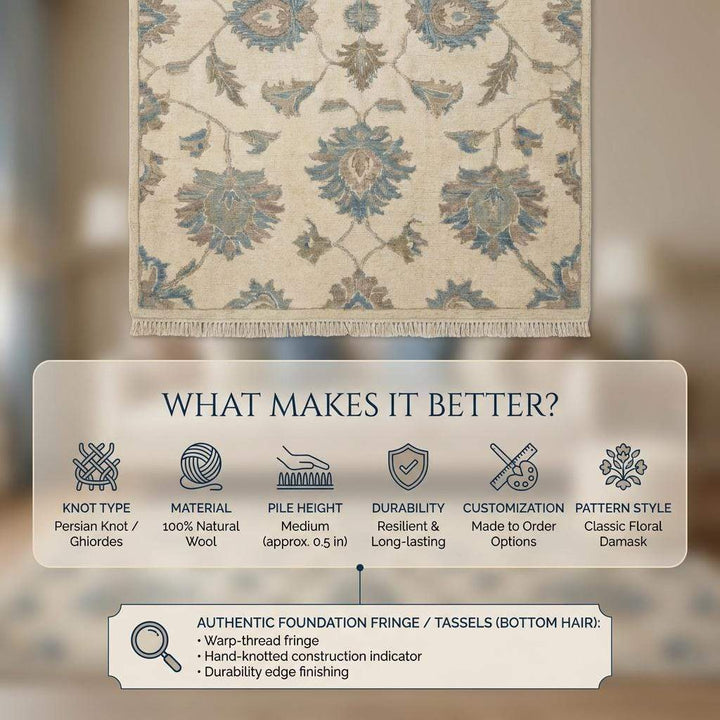 Translation missing: es.Hand Knotted Oushak Wool Rug, Floral Neutral Living Room Area Carpet