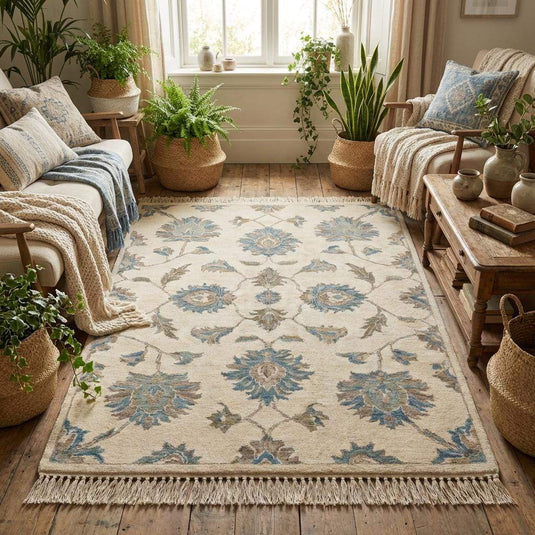 Translation missing: es.Neutral hand knotted wool rug with large floral motifs suitable for living room or bedroom
