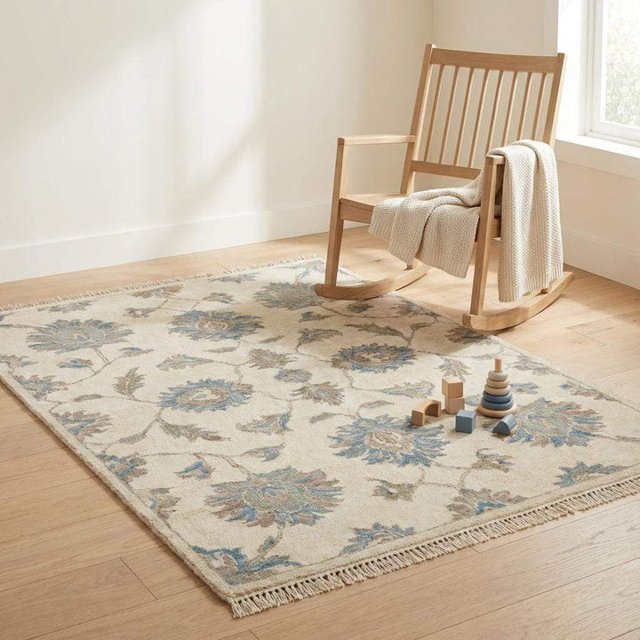 Translation missing: es.Hand Knotted Oushak Wool Rug, Floral Neutral Living Room Area Carpet