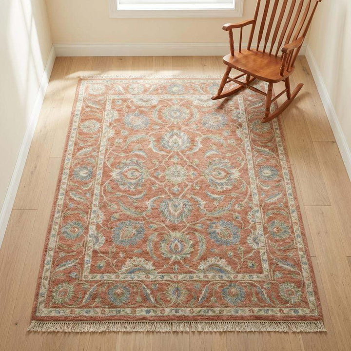 Translation missing: en.Hand Knotted Oushak Wool Rug Floral Terracotta Living Room Decor