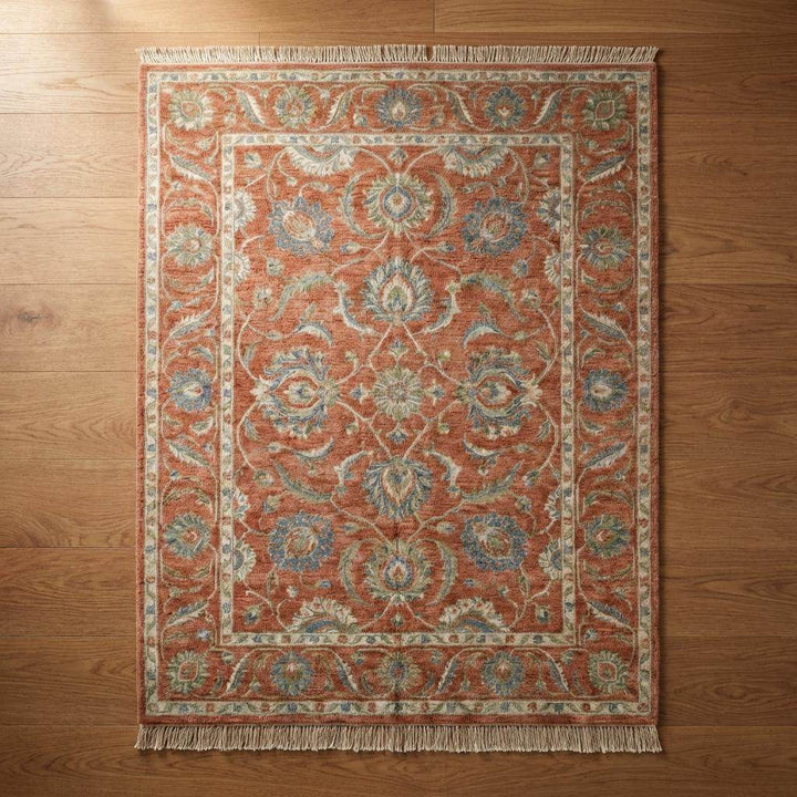Translation missing: en.Hand Knotted Oushak Wool Rug Floral Terracotta Living Room Decor