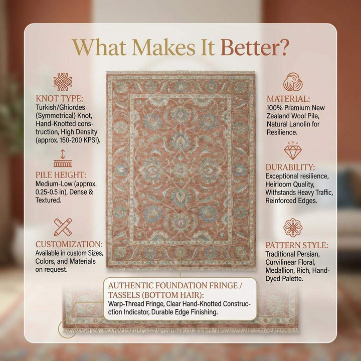 Translation missing: en.Hand Knotted Oushak Wool Rug Floral Terracotta Living Room Decor
