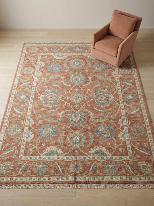Translation missing: es.Hand knotted Oushak wool rug with terracotta floral pattern and natural fringe ends