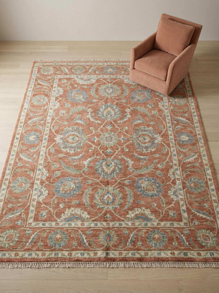 Translation missing: es.Hand knotted Oushak wool rug with terracotta floral pattern and natural fringe ends