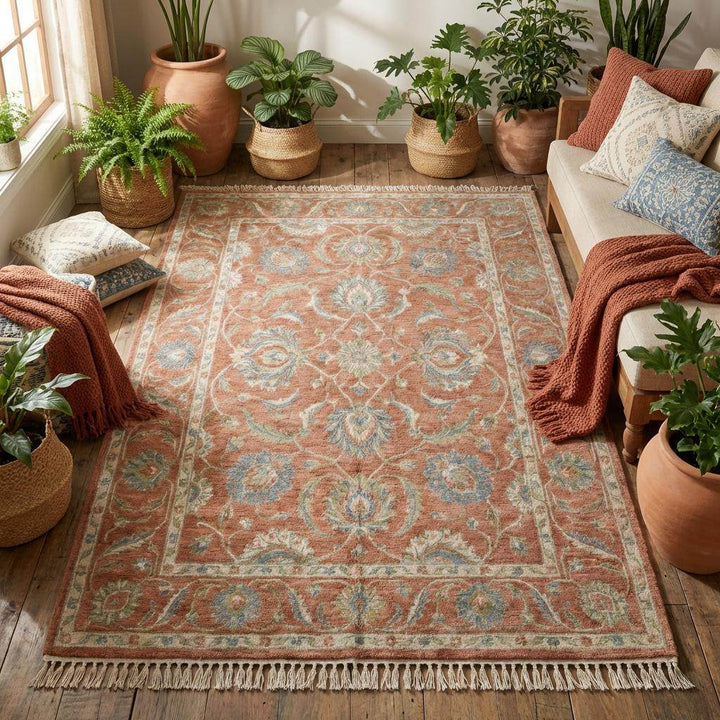 Translation missing: en.Terracotta Oushak style wool rug with vine border and soft blue accent detailing