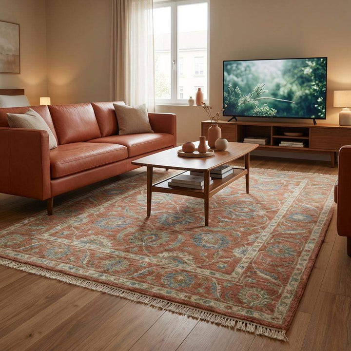 Translation missing: en.Artisan crafted hand knotted wool rug with natural fringe and timeless pattern