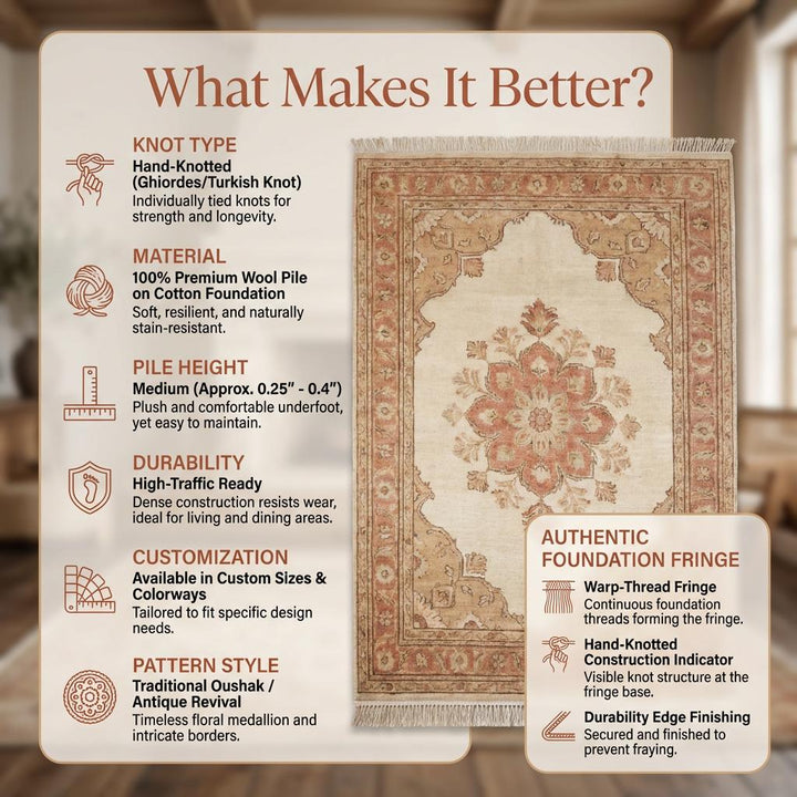 Translation missing: en.Hand knotted Oushak wool rug with ivory and terracotta floral medallion design